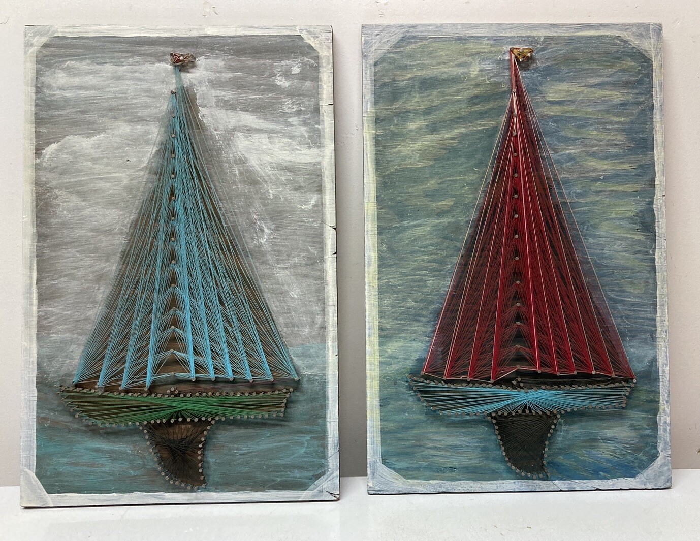OOAK Vtg Nail String Art Boats Handmade Hand Painted Wood 11” X 17” Colorful 2PC OOAK Vtg Nail String Art Boats Handmade Hand Painted Wood 11” X 17” Colorful 2PC