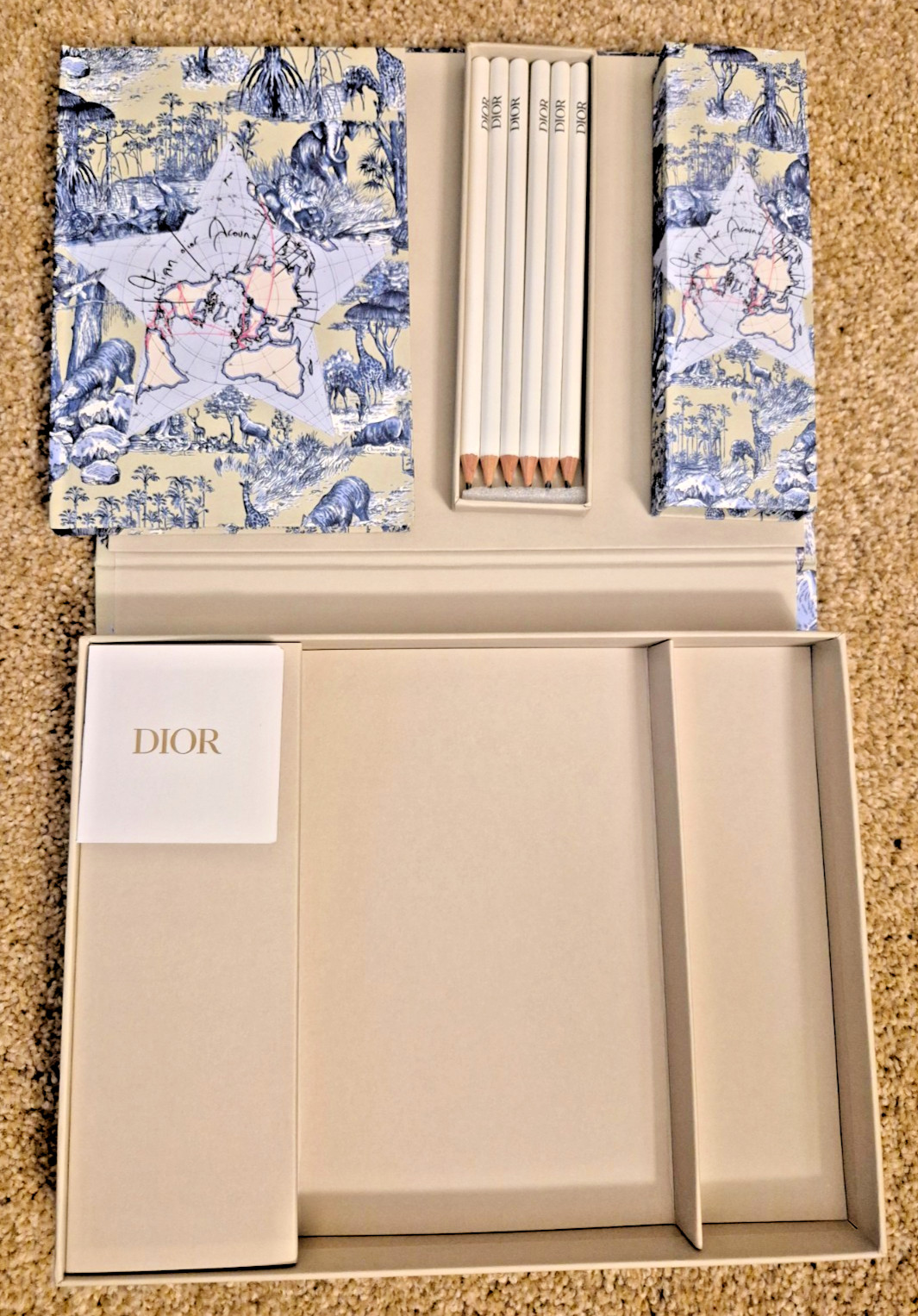 Dior Exclusive Stationary Set Platinum Gift Notebook & Pencil w/Storage Box NIB