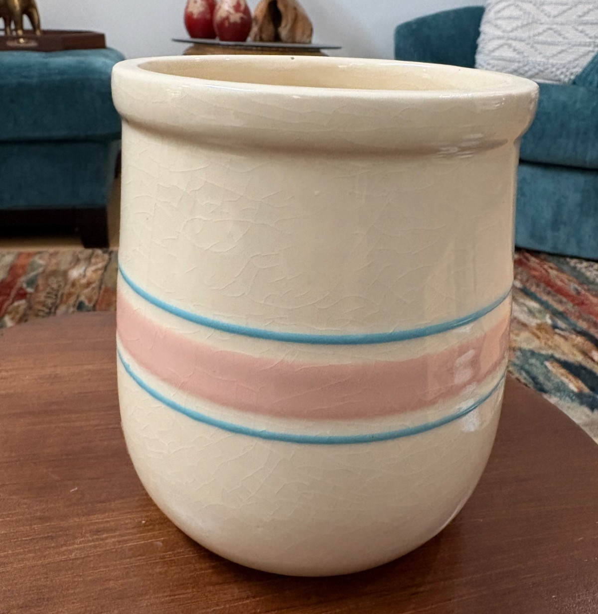 Vintage McCoy Blue And Pink Stripe Utensil Crock Canister Planter EXC 6 Vintage McCoy Blue And Pink Stripe Utensil Crock Canister Planter EXC 6