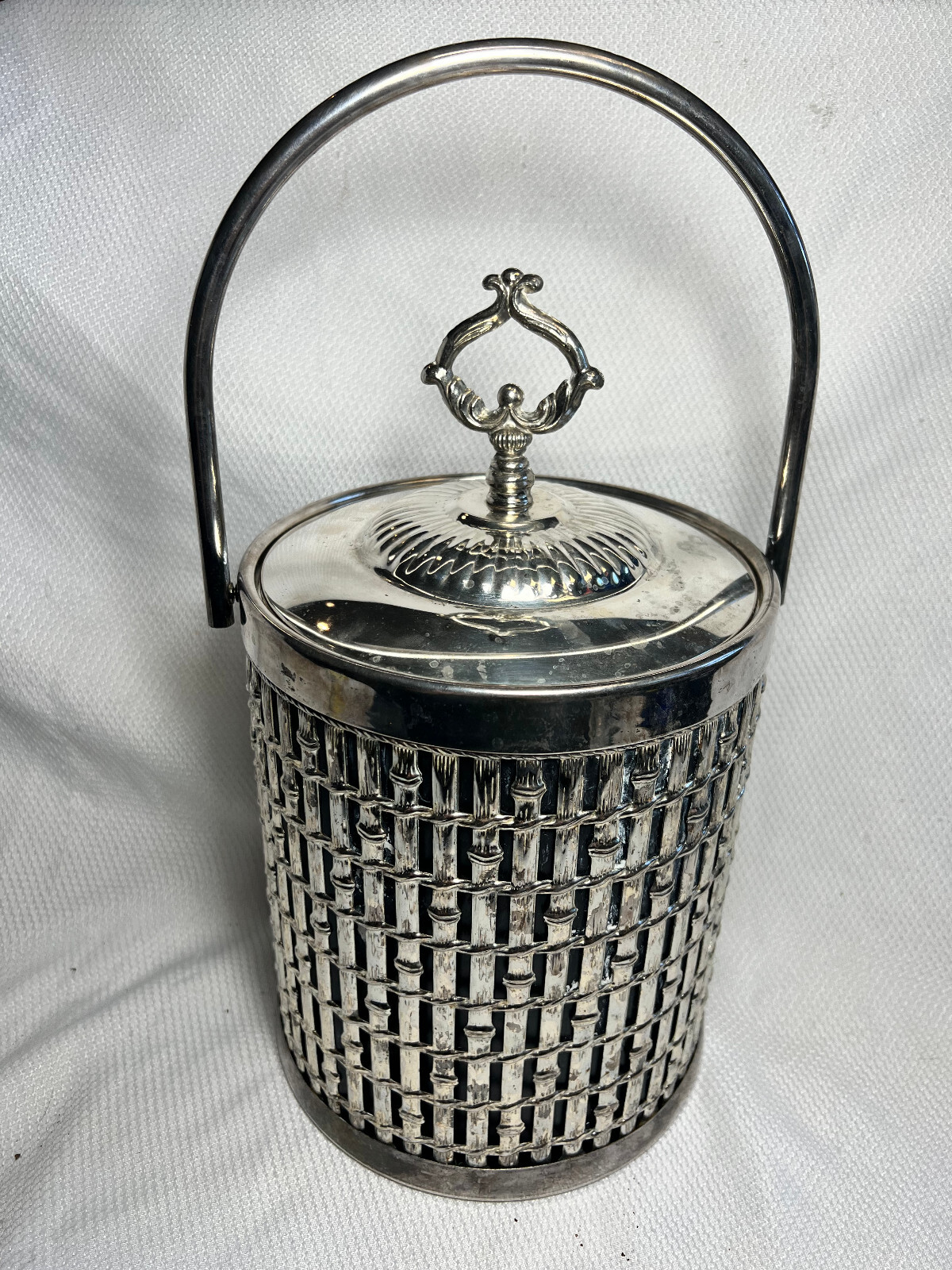  Vtg Mid Century Modern MCM Brutalist Silver Plate Bamboo Ice Bucket Serve Ware 