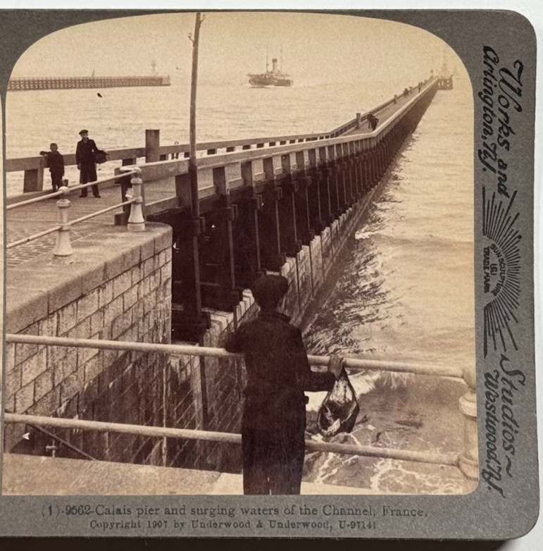 Calais Pier and Surging Waters of Channel, France, Historic Vintage Stereoview