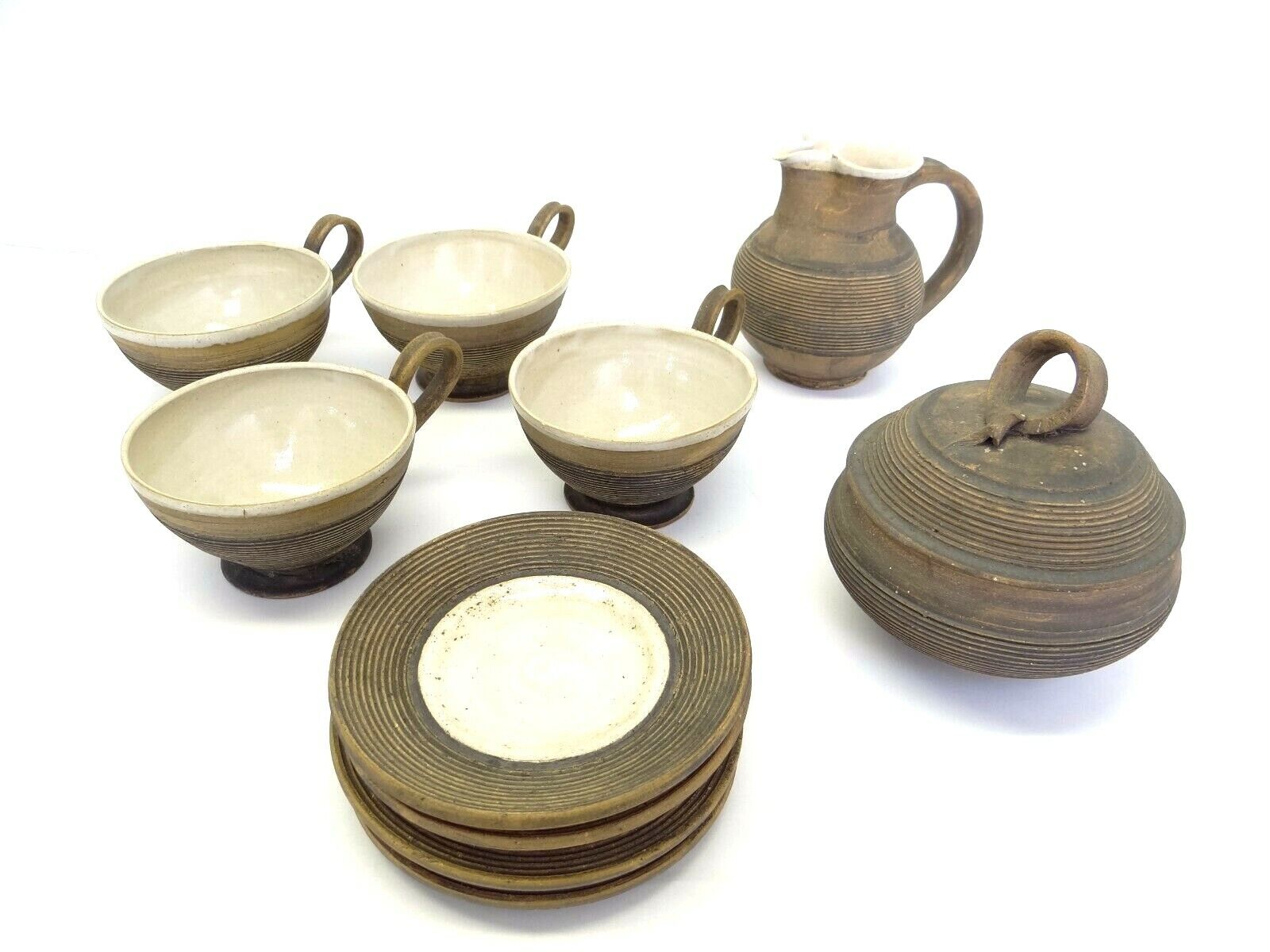 10 Piece Vintage Hallmarked Glazed Pottery Tea Set Saucers Mugs Cups Creamer