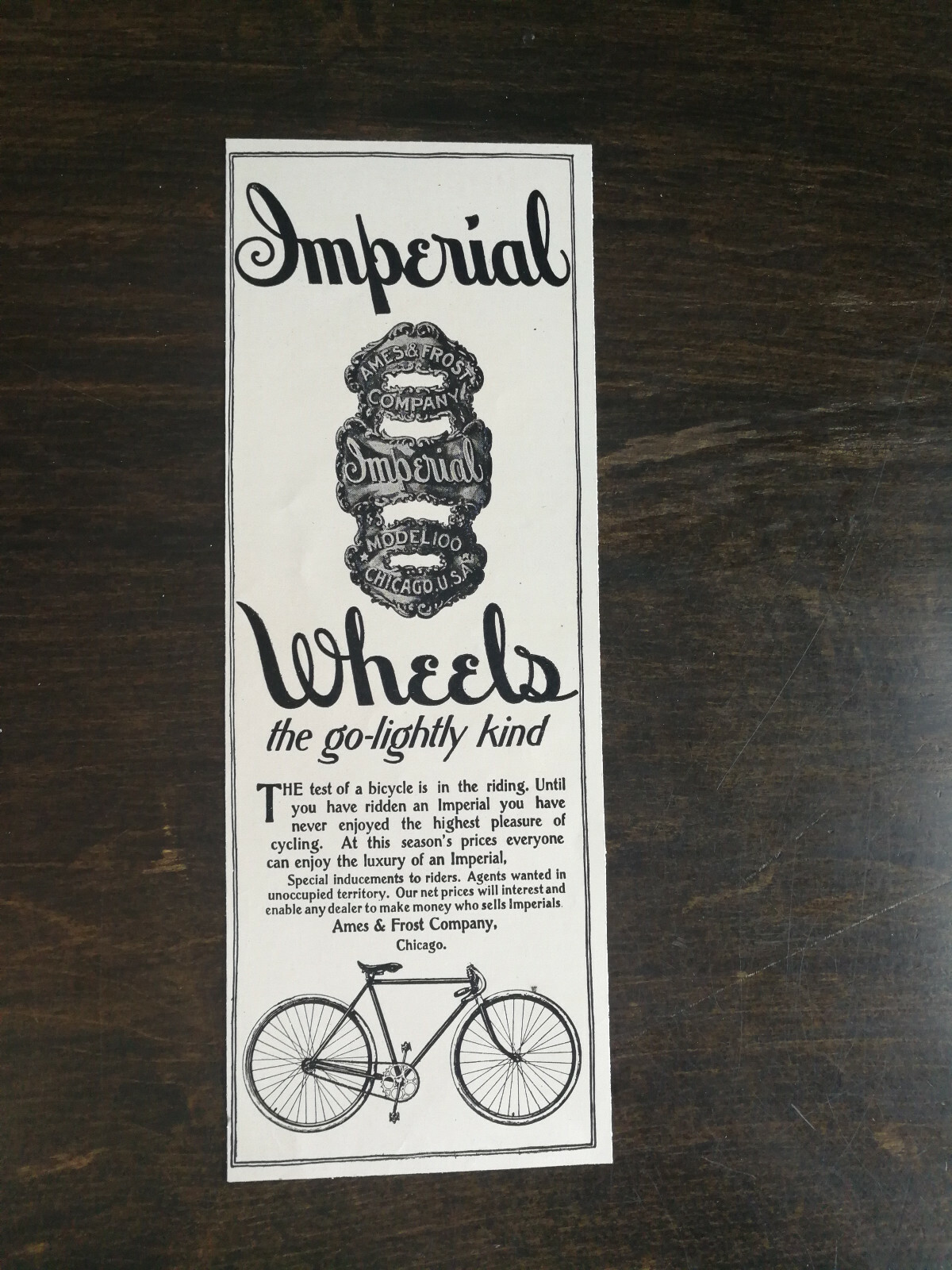 Vintage 1899 Imperial Bicycle Ames & Frost Company Chicago, IL Original Ad 1021