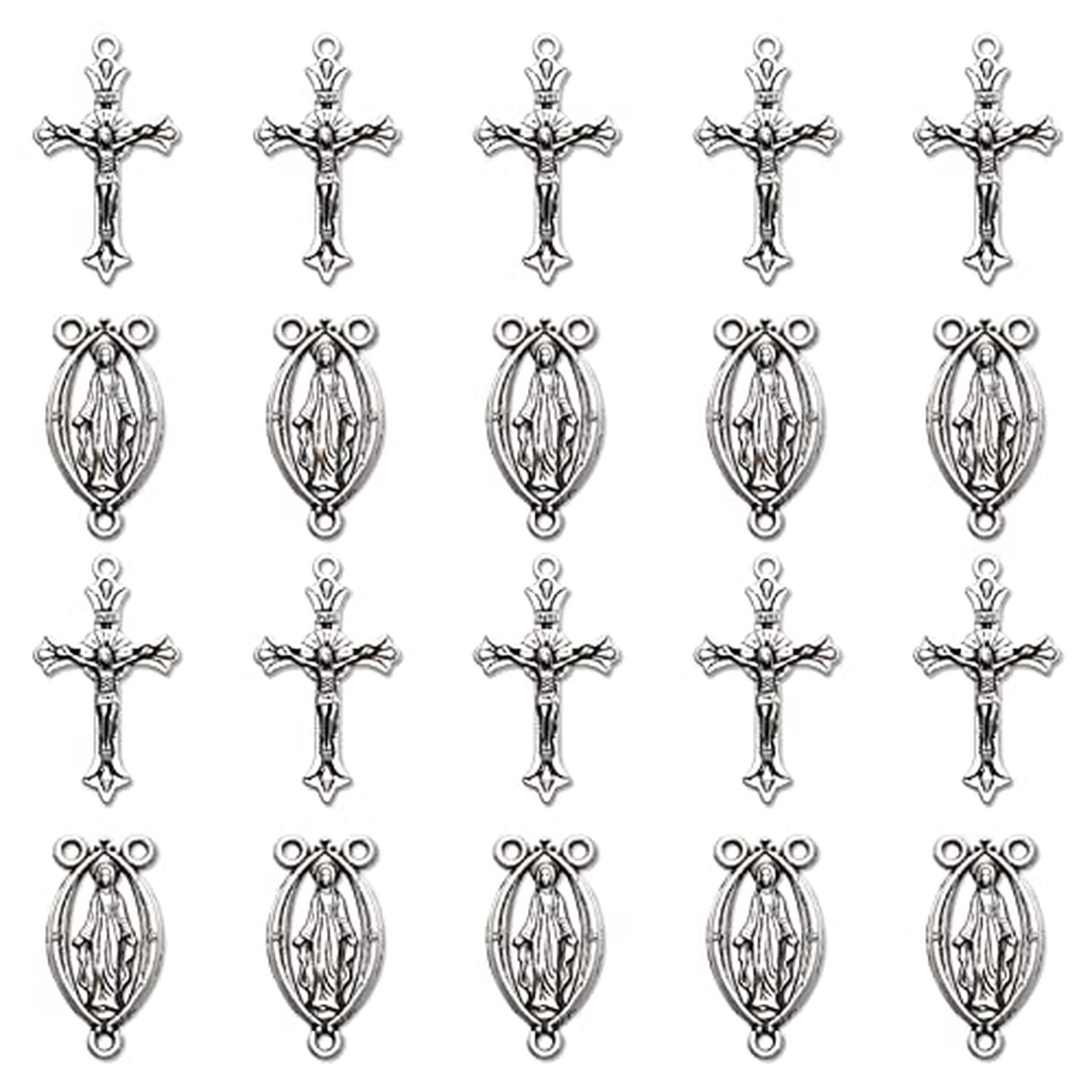30Pcs/15Sets Alloy Rosary Kits Cross and Center Medal Charms Oval Catholic Je...