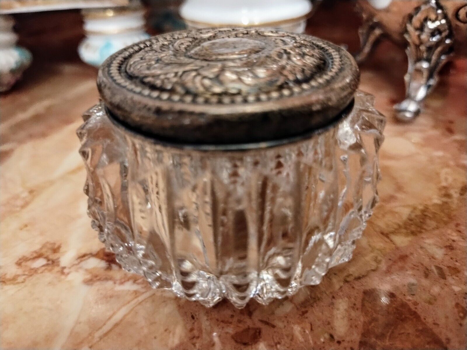 Antique Pressed Glass Dresser Vanity Jar w/ Sterling Silver Repousse Chased Lid