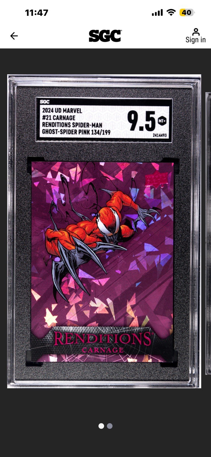 2024 UD Marvel Renditions #21 Carnage Ghost-Spider Pink 134/199 🔥SGC 9.5🔥 2024 UD Marvel Renditions #21 Carnage Ghost-Spider Pink 134/199 🔥SGC 9.5🔥