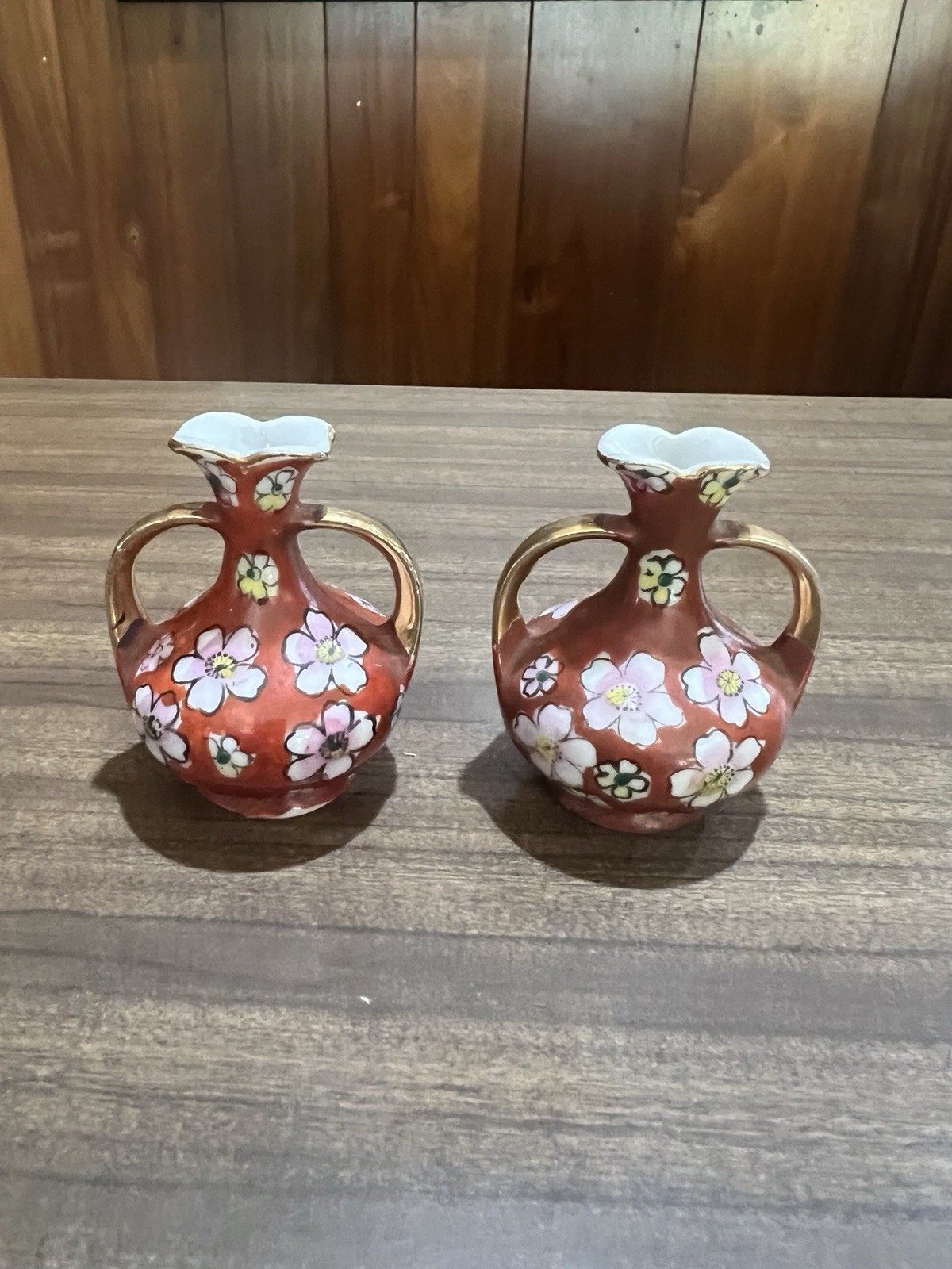Pair Vintage Japanese Miniature Vases Cherry Blossom Red Ground Gilt Handles 