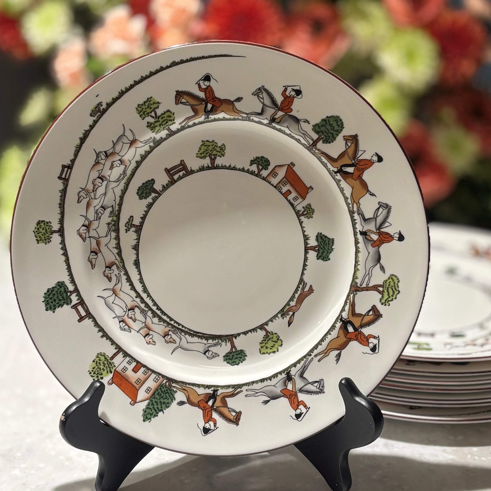 Crown Staffordshire Hunting Scene Dinner Plates 10.5