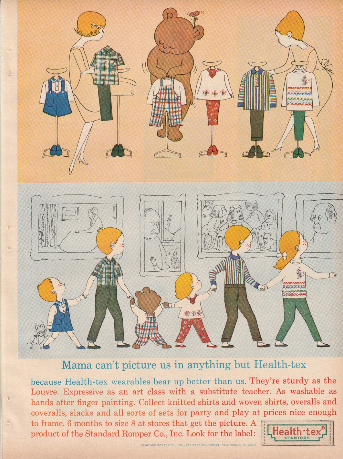 1964 Health-tex Stantogs Vintage Print Ad 1960s Child Clothing Anamorphic Bear