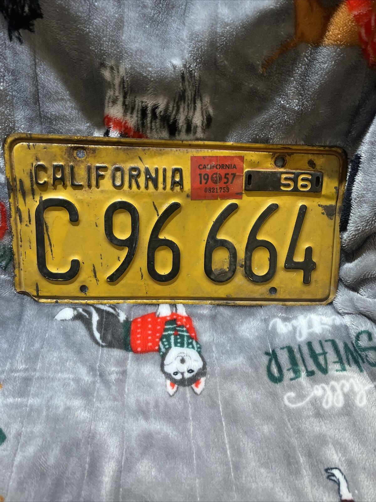 1956 California License Plate with 1957 Sticker - Wear Shown