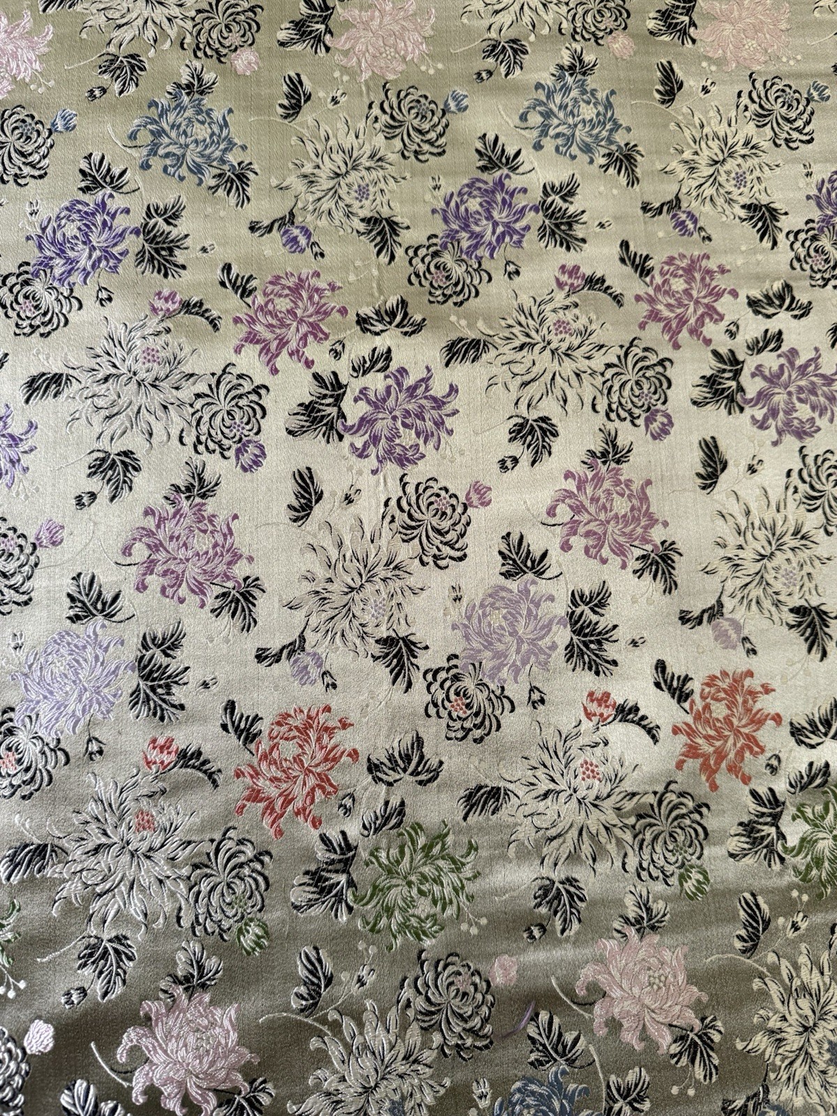 7 YDS. RARE PURE SILK SATIN BROCADE BY YUN CHONG MFG. CHINA, CHRYSANTHEMUM MULTI