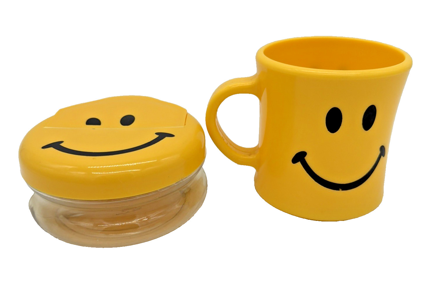 Vintage Smiley Face Mug & Snack Container Chef Craft Yellow Happy Face Set