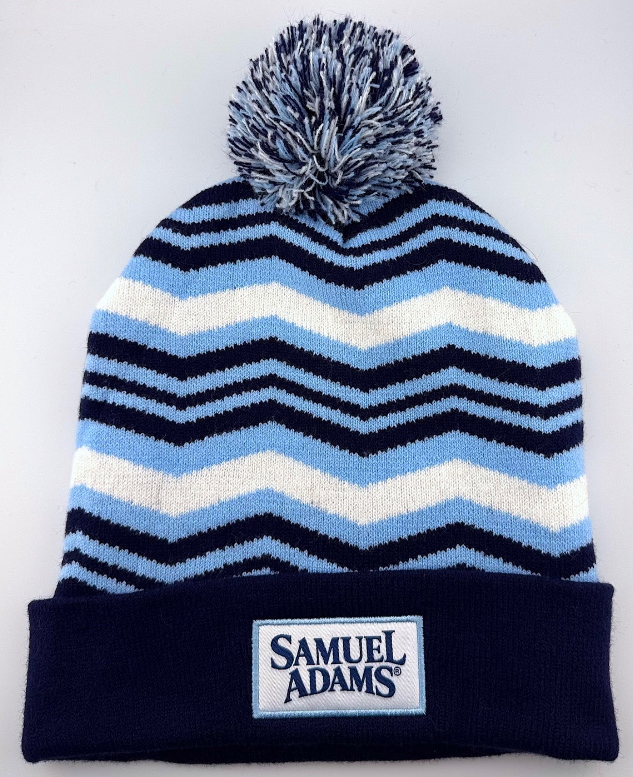SAMUEL ADAMS Boston Beer Company Blue White Striped Knit Winter Hat Cap Beanie