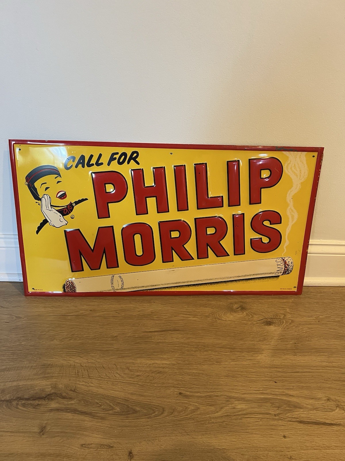 Vintage 1950s Call For Philip Morris Tin Embossed Sign Stout Sign Co 27x14