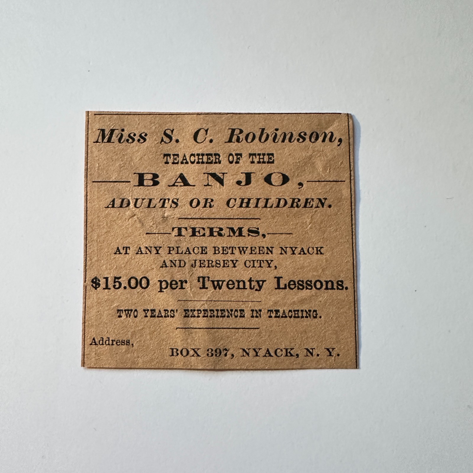 Miss SC Robinson Teacher Of The Banjo Nyack NY 1885 Englewood NJ Ad 5AK8-M34 Miss SC Robinson Teacher Of The Banjo Nyack NY 1885 Englewood NJ Ad 5AK8-M34