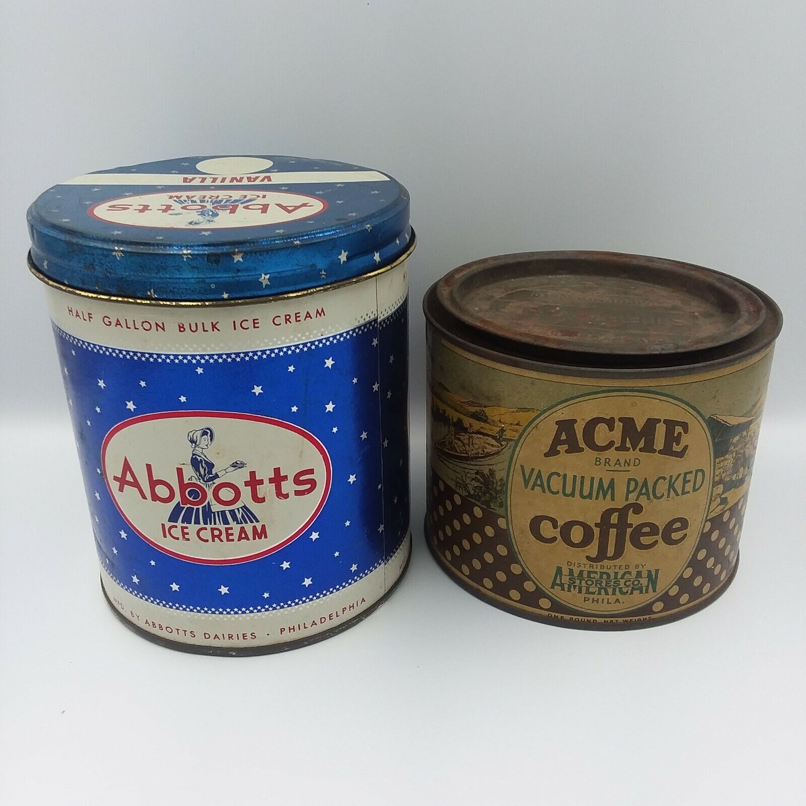 Vintage Abbott's Ice Cream Container & Acme Coffee Canister
