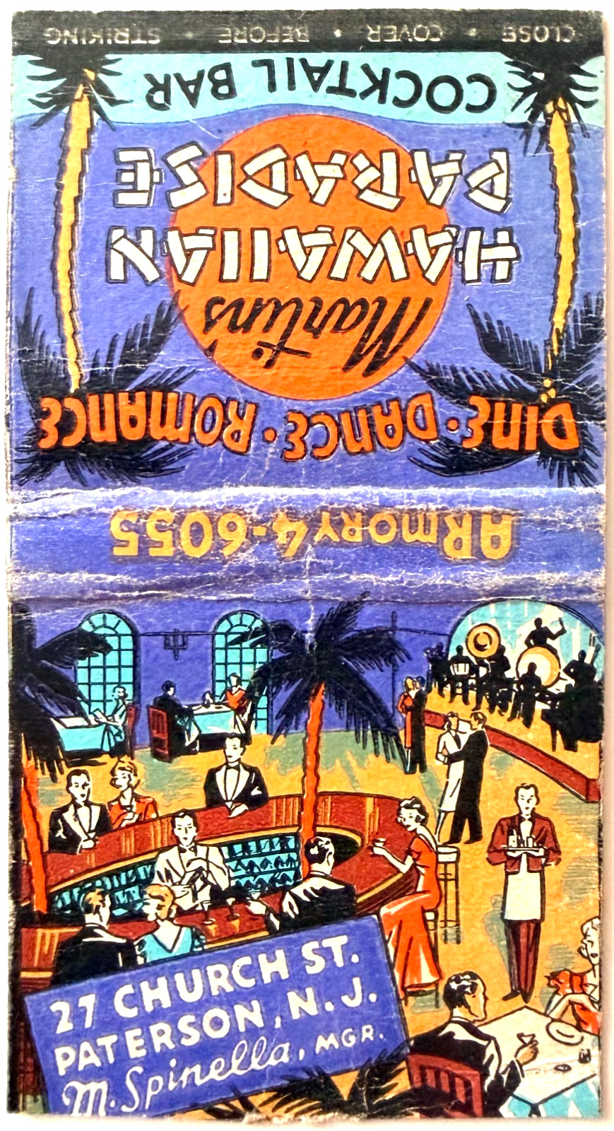 1940s Martin\'s Hawaiian Paradise Cocktail Bar Matchbook Cover Paterson NJ