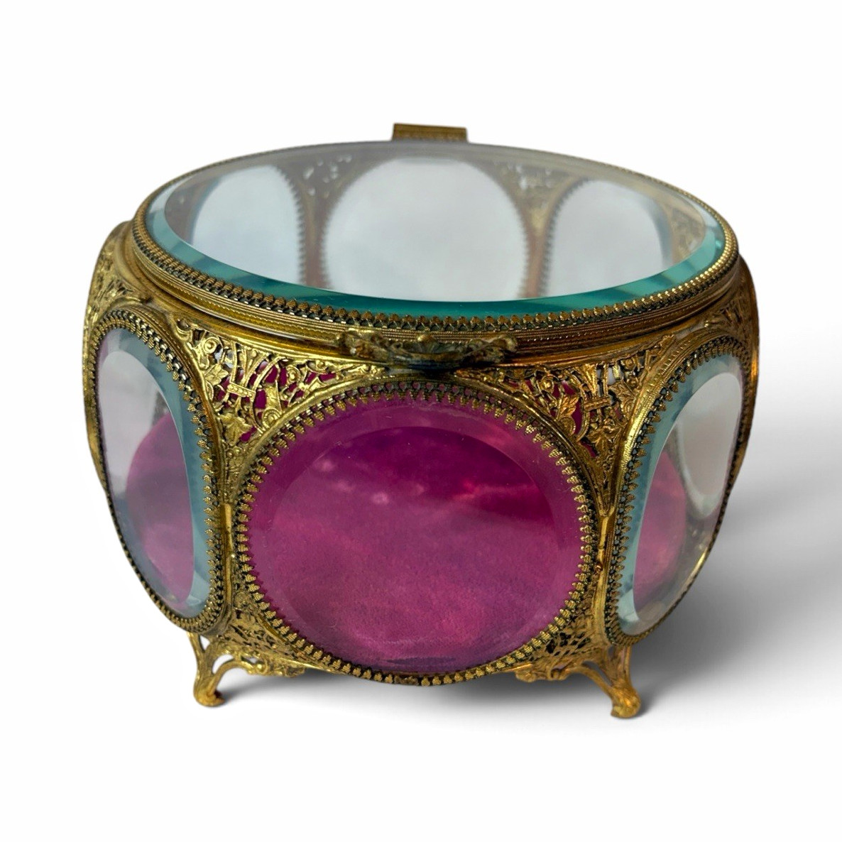 Vintage Faceted Beveled Glass Jewelry Casket Box Gold Filigree Cranberry Velvet