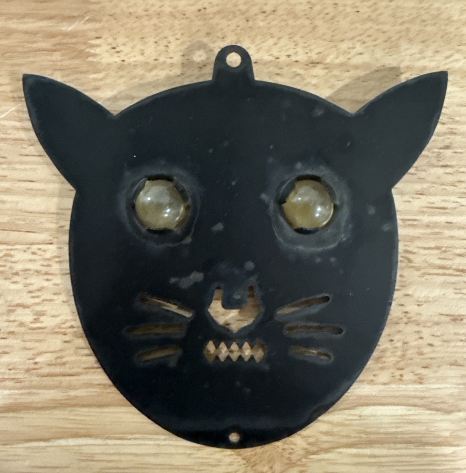 Vintage Metal Halloween Black Scary Cat With Marble Glass Eyes