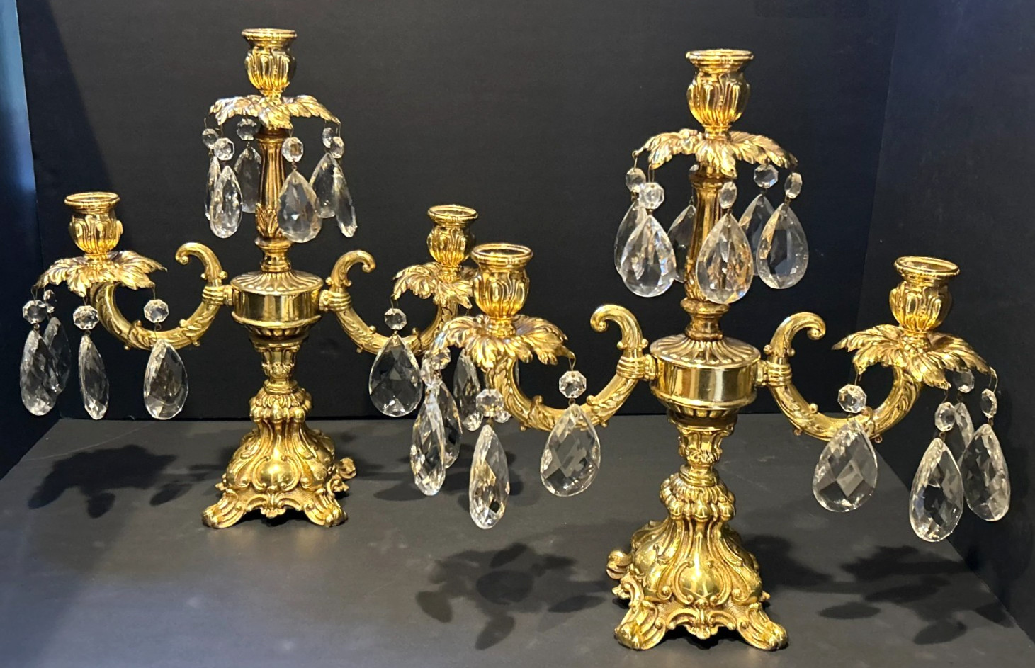 Vintage Solid Brass Candelabras Crystals Three Arm Hollywood Regency Pair 15\