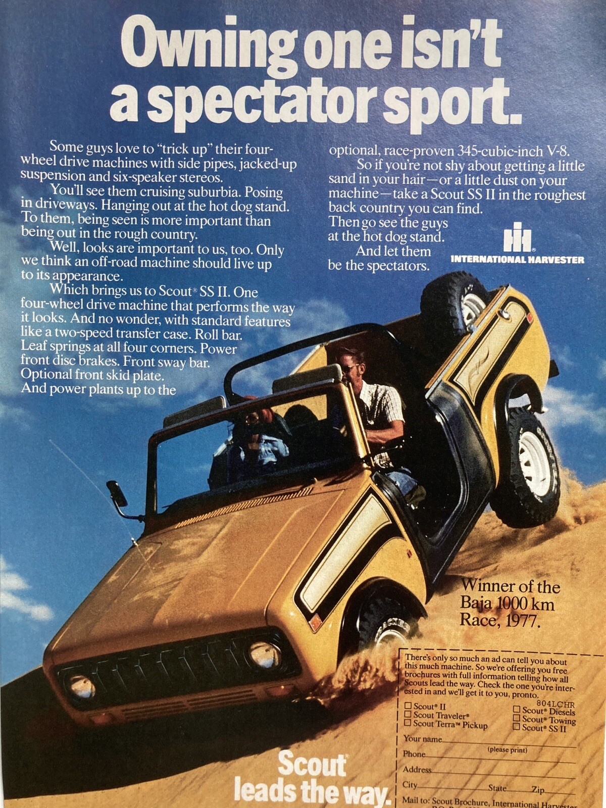1978 International Harvester Scout Print Ad Winner Baja 1000 km Race 1977