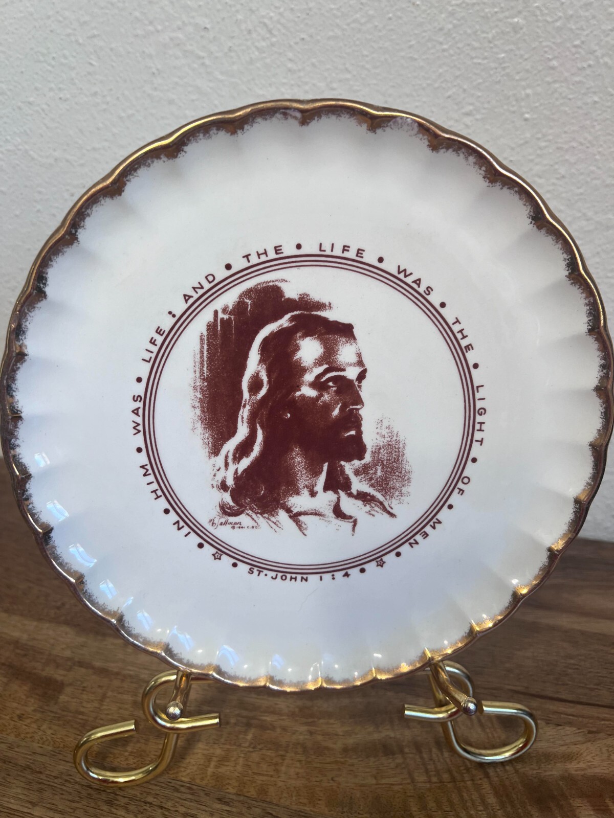 W S George Jesus Plate 22 kt Gold Trim Christ Religious Plate from 1941 Artist