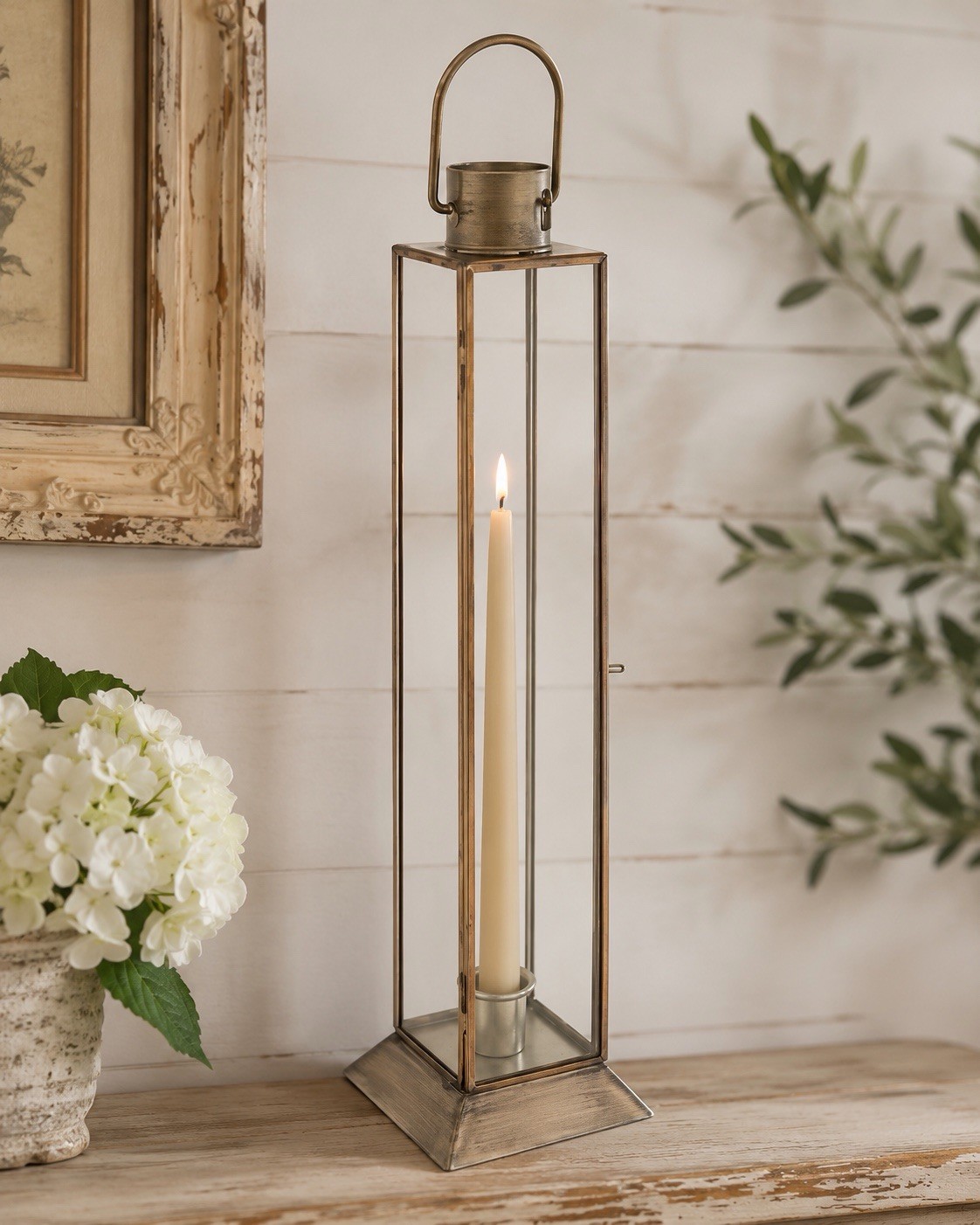 Antique Gold & Glass Tall Taper Candle Holder Antique Style Gold Lantern 16”
