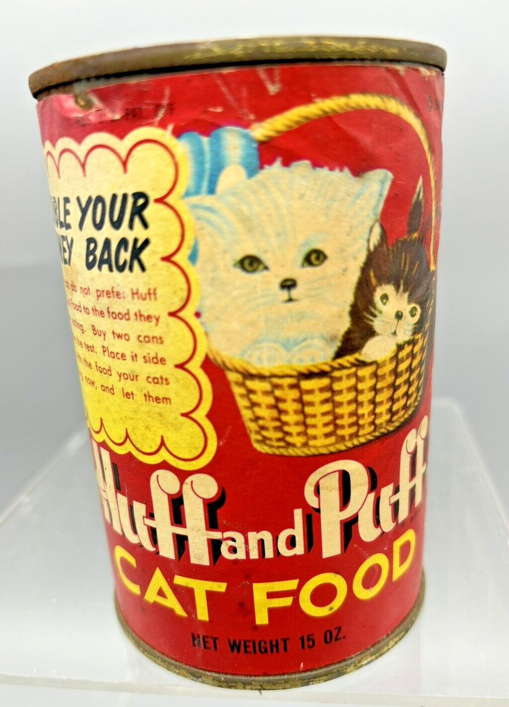 1949 Huff and Puff Cat Food Tin Can Reedville VA TCS Co Advertising Decor Empty
