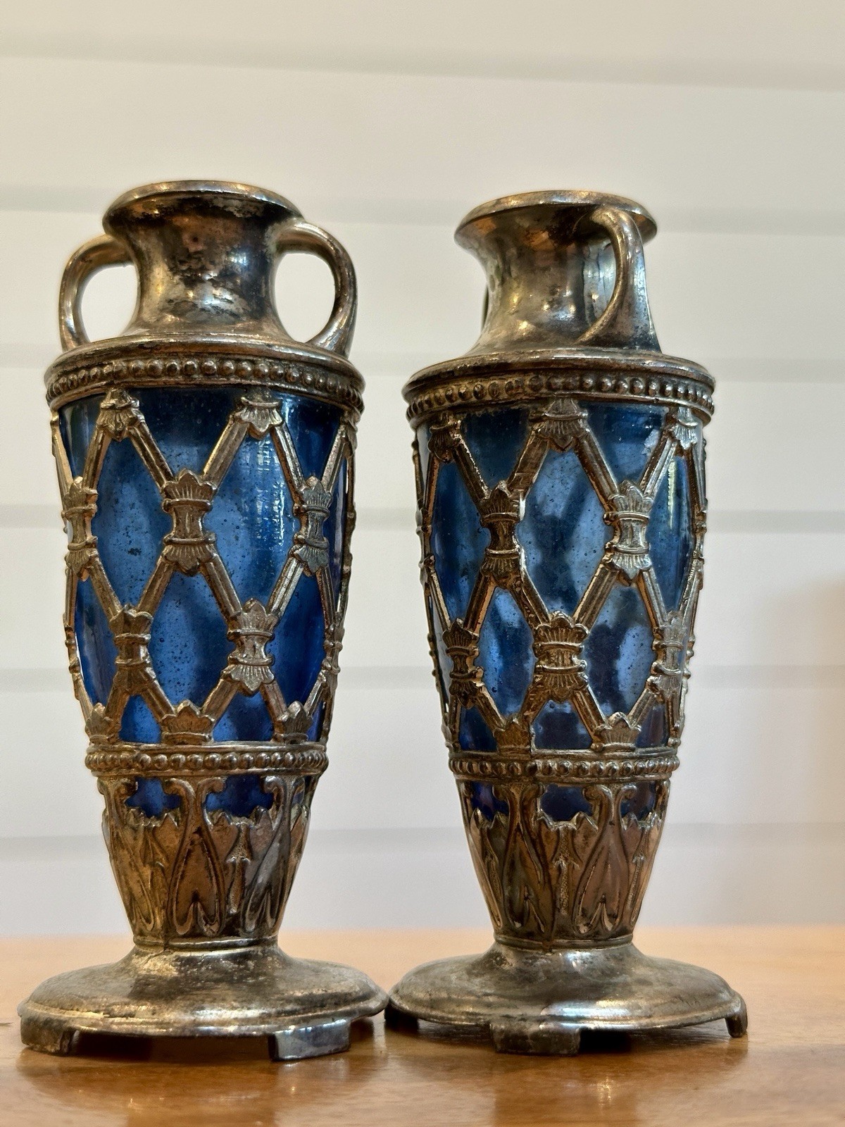 Antique Pair Cobalt Blue Glass Vases w/ Silverplate Overlay Victorian c1900