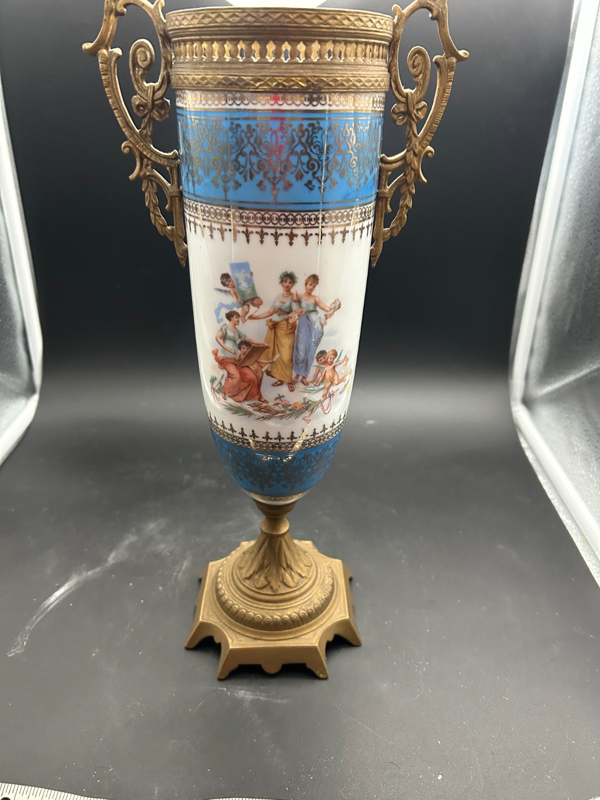 Antique Sevres style Porcelain Urn Vase Ornate Brass Bronze Mounts Celestial Blu