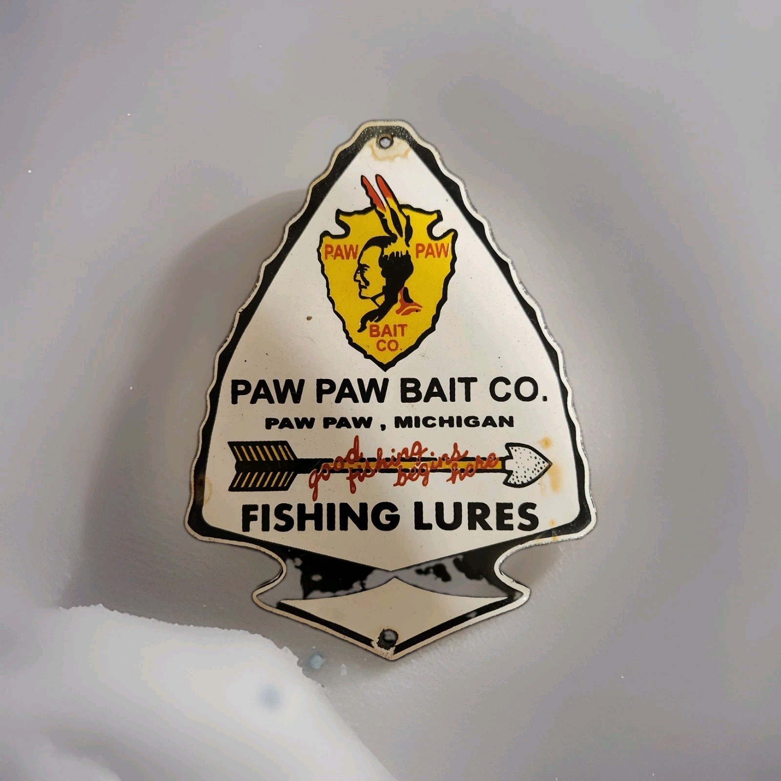 Vintage Paw Paw Bait Porcelain Sign Fishing Lures Bass Michigan Great Lakes USA