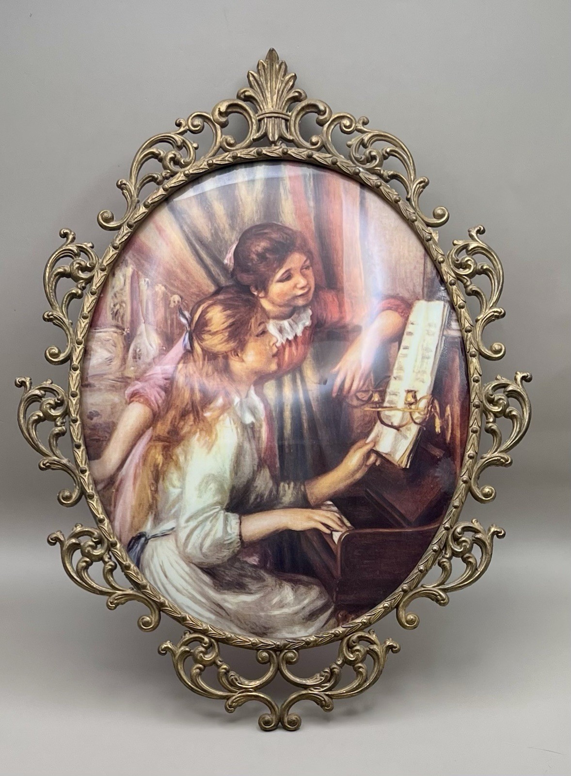 Antique Oval Ornate Brass Large Frame With Young Girls At Piano Print 16\