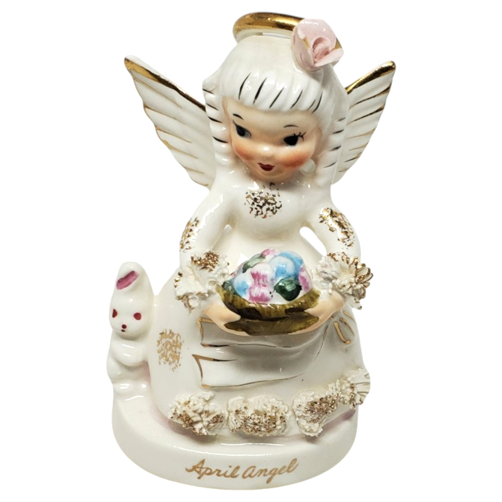 Vintage Napco April Birthday Angel Figurine Girl Spaghetti Trim A1364SK Japan