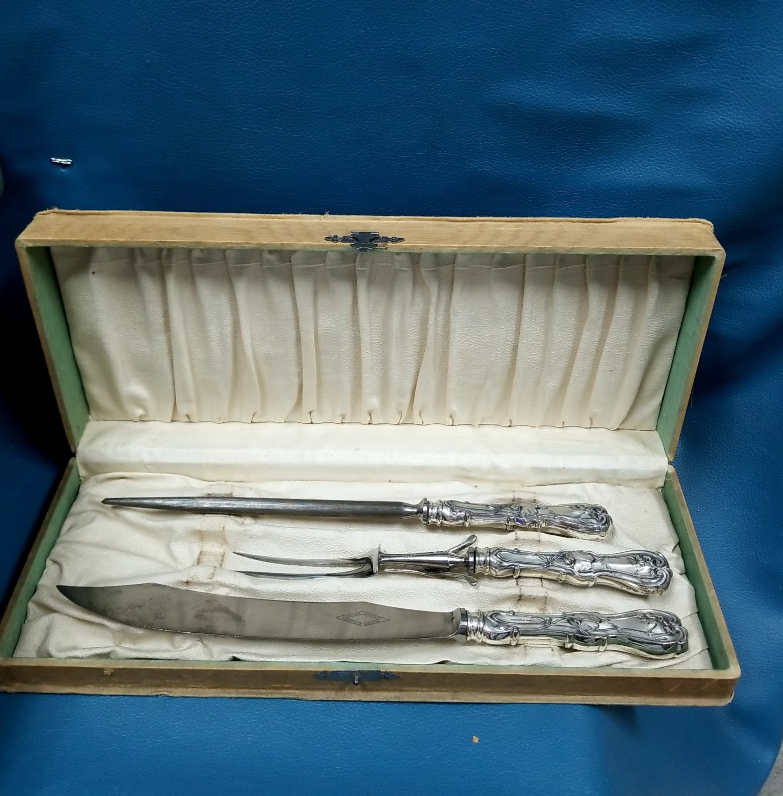VTG Near Antique 3pc Carving Set Quadruple Plate Sheffield England Ornate Floral