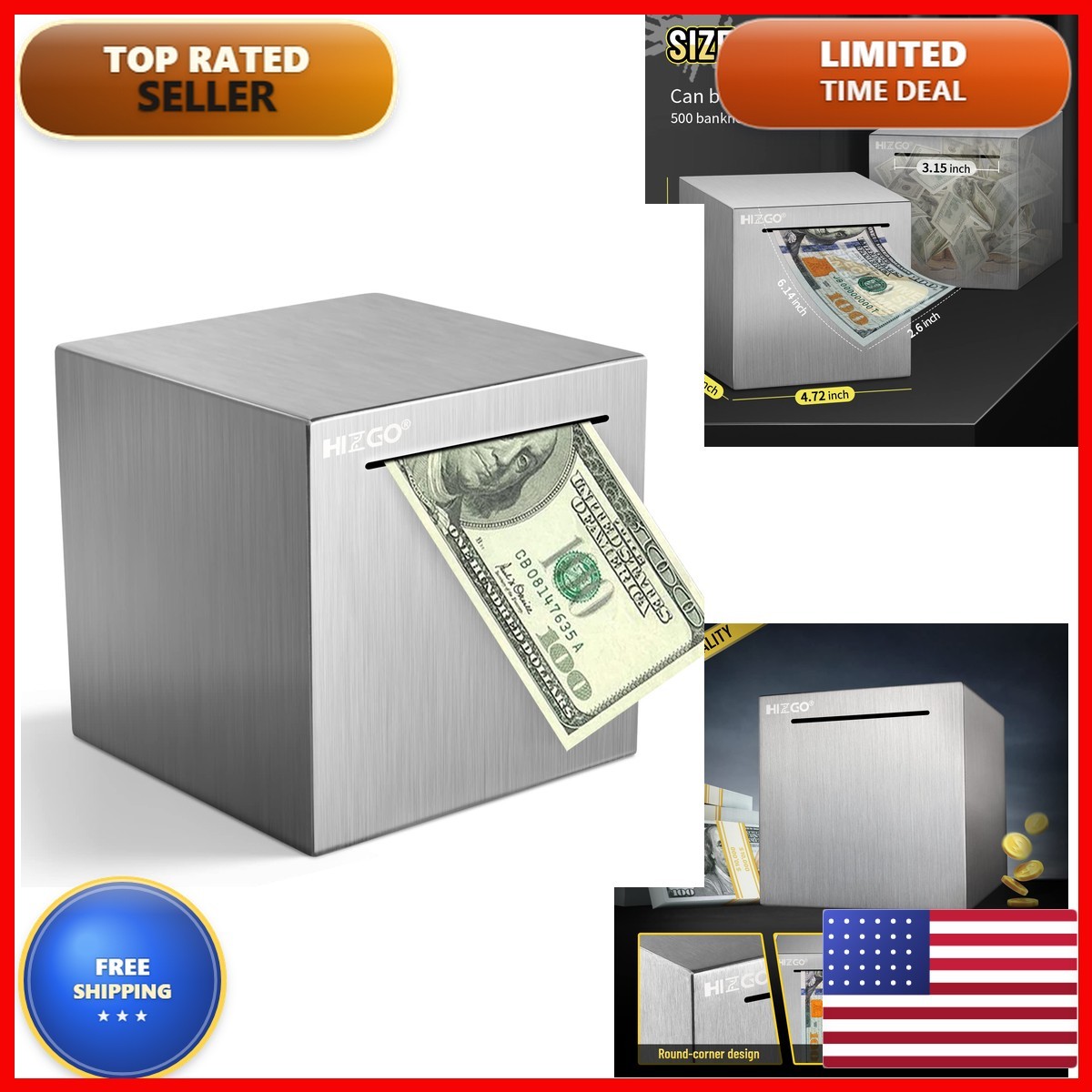 hizgo Adult Piggy Bank Stainless Steel 4.72 inch