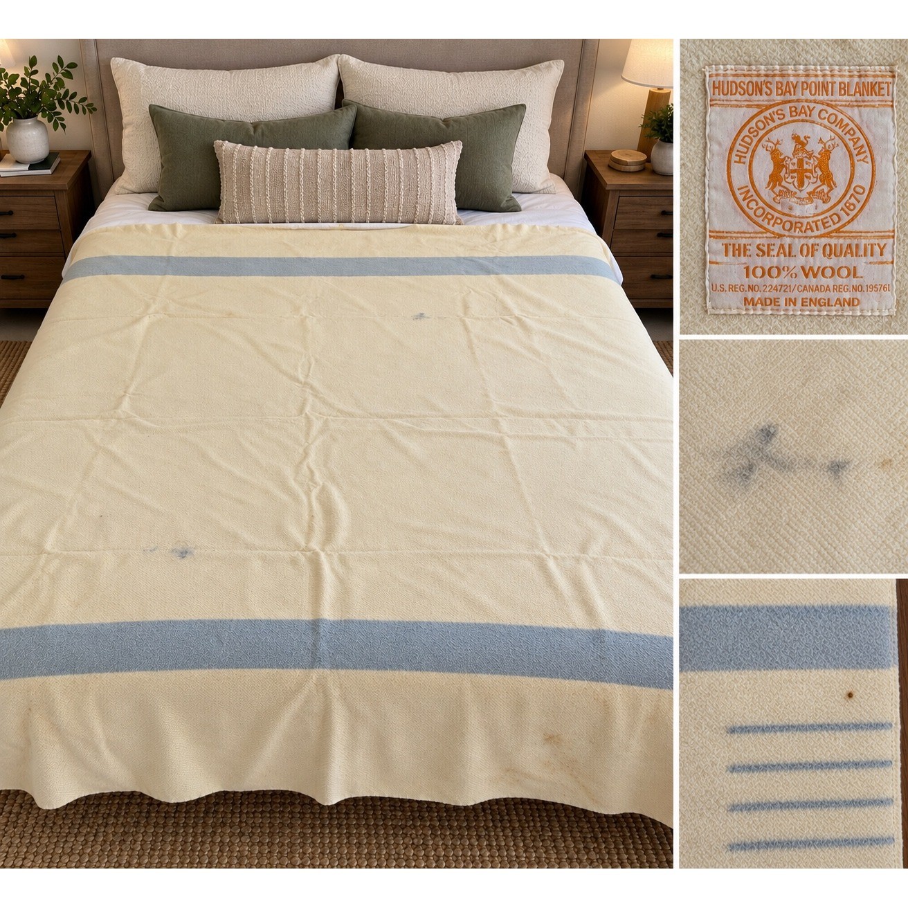 Vintage Hudson's Bay Point Blanket 4 Point Cream Blue 100% Wool Made in England