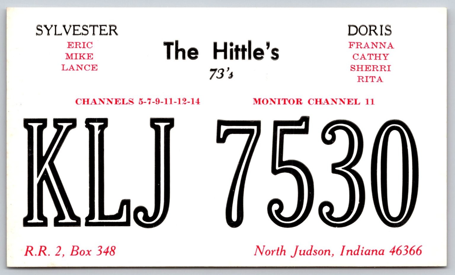 Vintage 1973 The Hittle\'s KLJ 7530 CB Radio QSL Postcard North Judson IN C85
