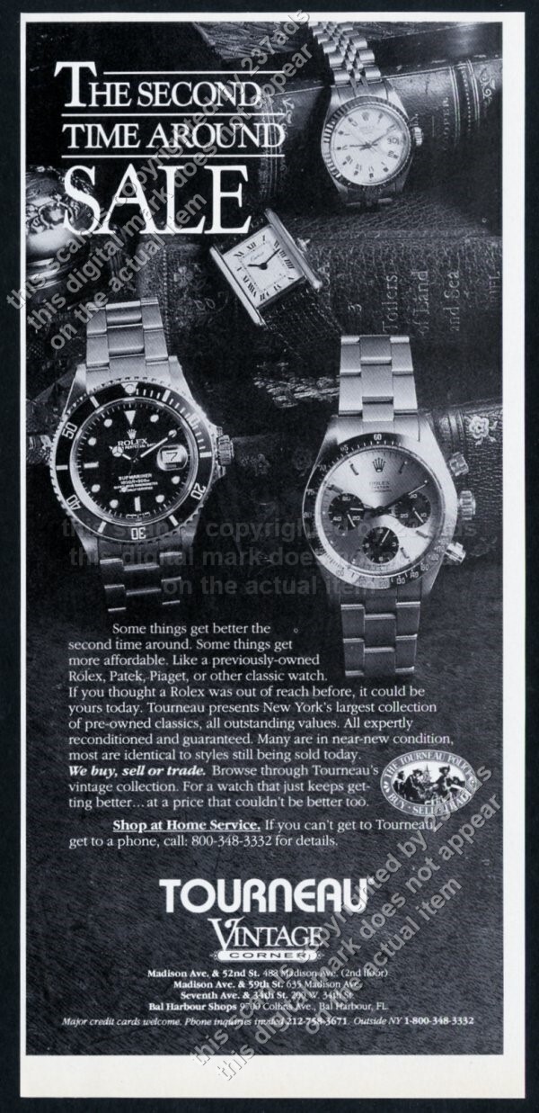 1992 Rolex Daytona Submariner etc watch photo Tourneau vintage print ad