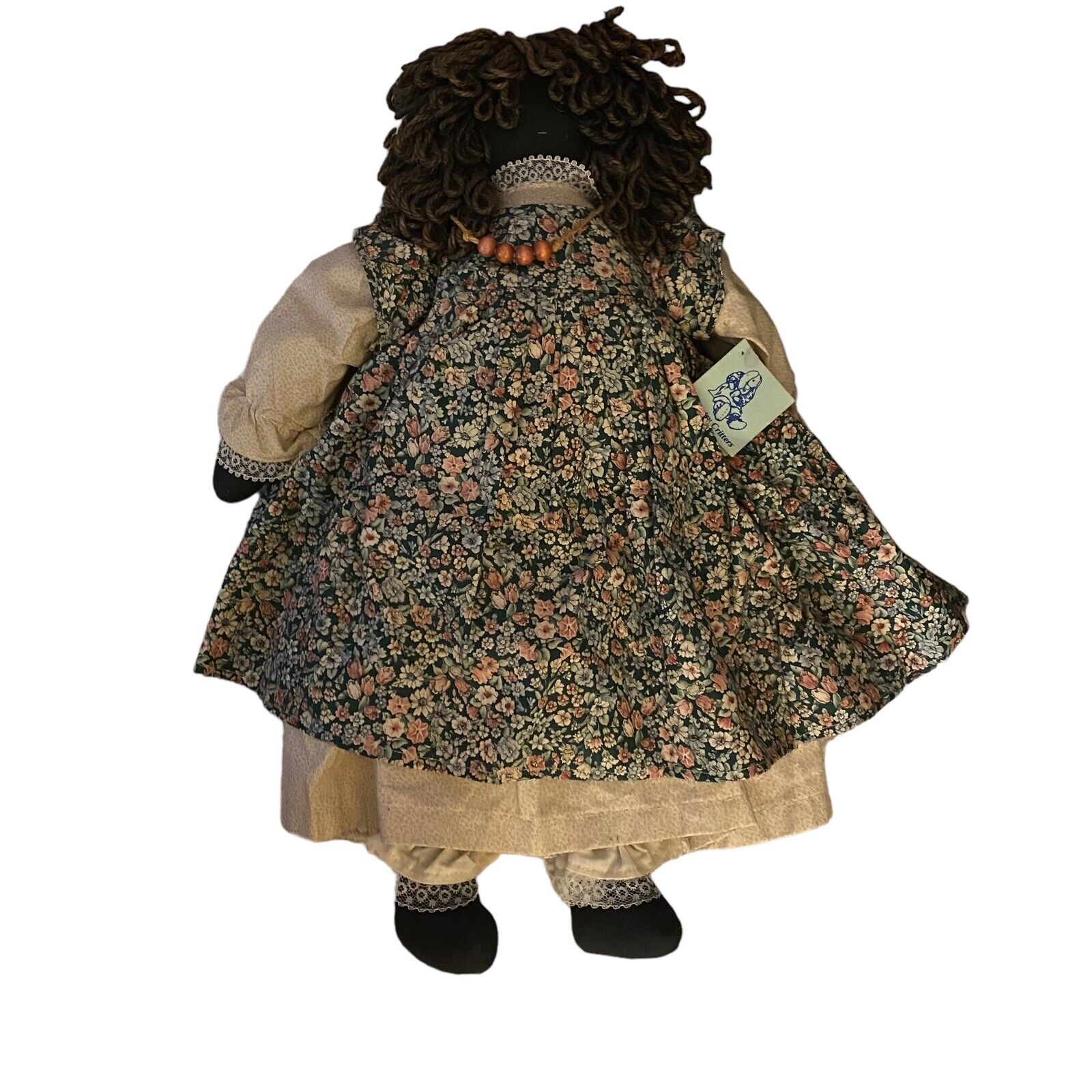Vintage Black African American Rag Doll Yarn Hair Flowered Dress