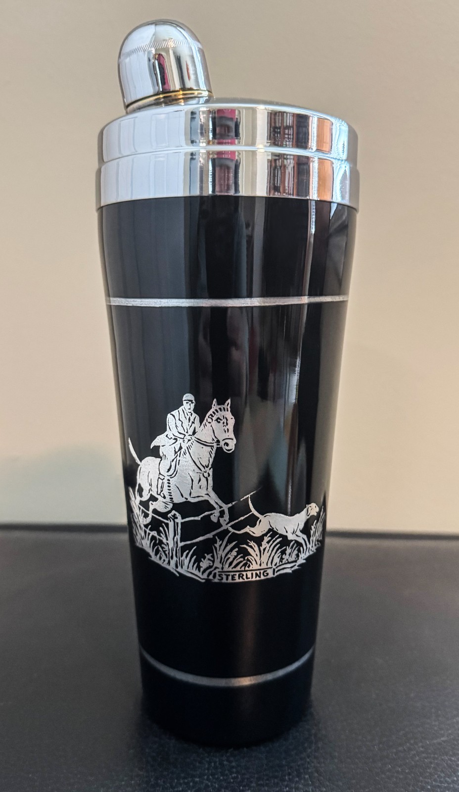ART DECO CAMBRIDGE BLACK AMETHYST GLASS W/ STERLING OVERLAY COCKTAIL SHAKER 1934