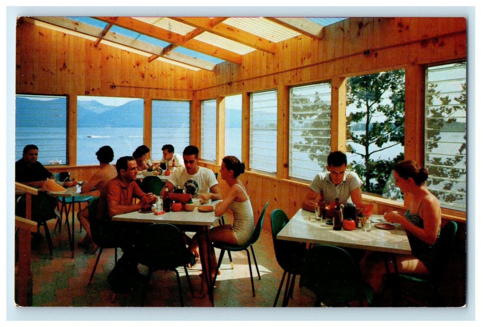 c1960s Dining Area, Blue Water Manor, Log Cabins in Lake George NY Postcard