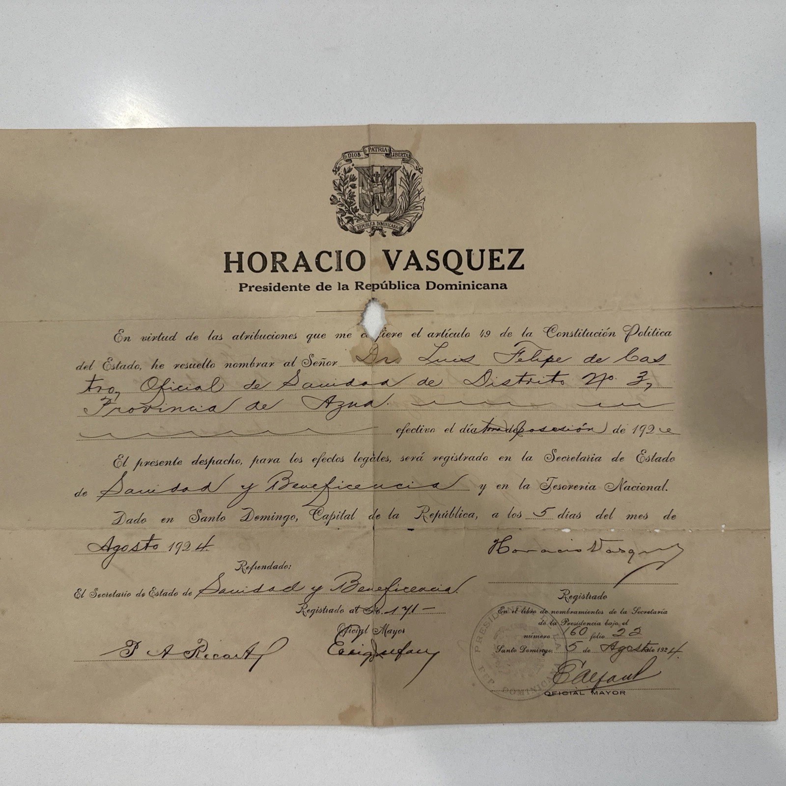 1924 Signed Document Horacio Vasquez President Of The Dominican Republic 