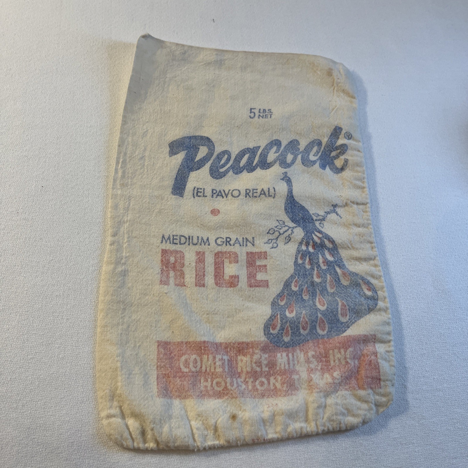 Vintage Peacock Medium Grain Rice Sack Comet Rice Mills Houston Texas 12”X7”