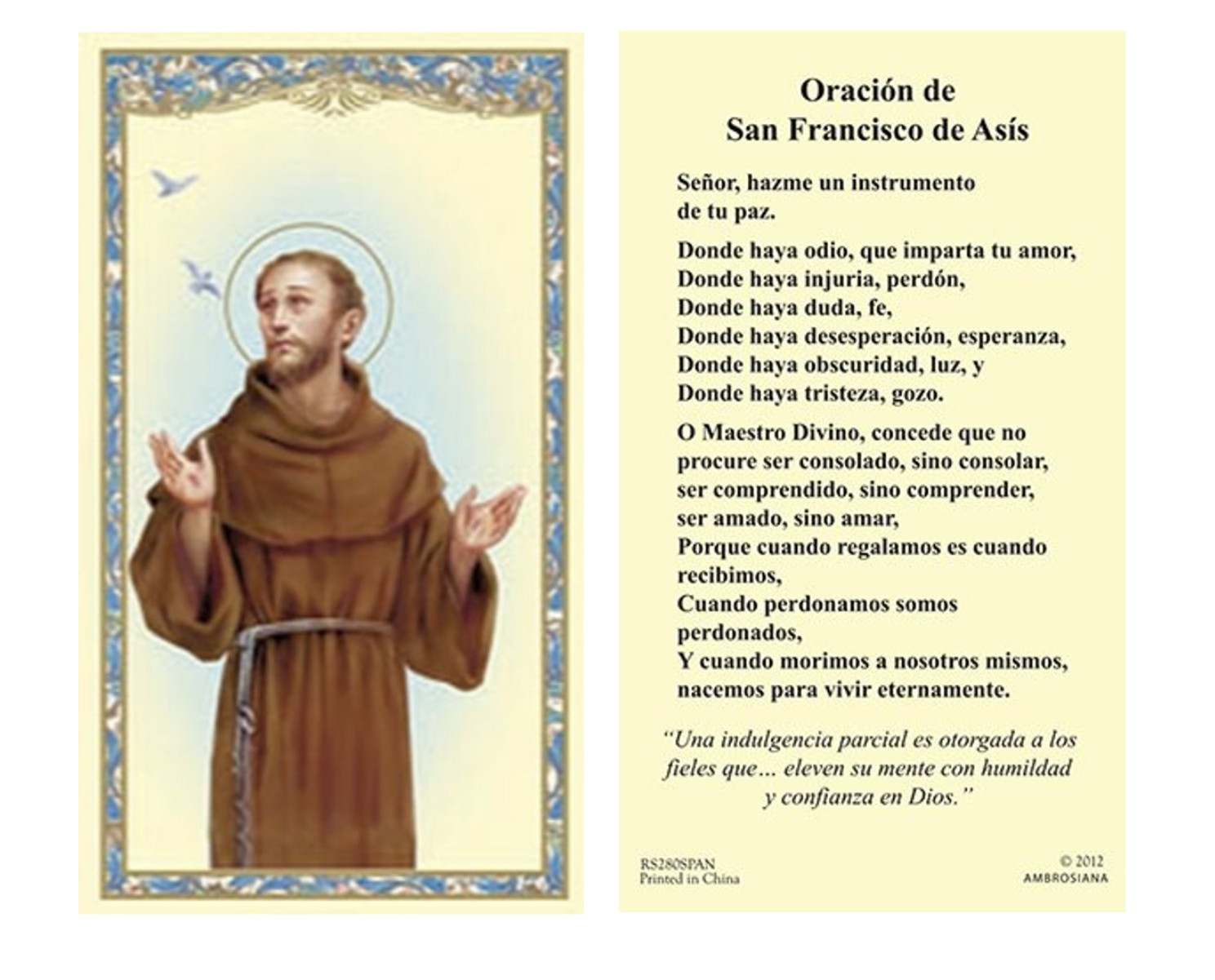 (2 copias) Espanol Spanish St. Francisco de Asis Oración Prayer Card Francis