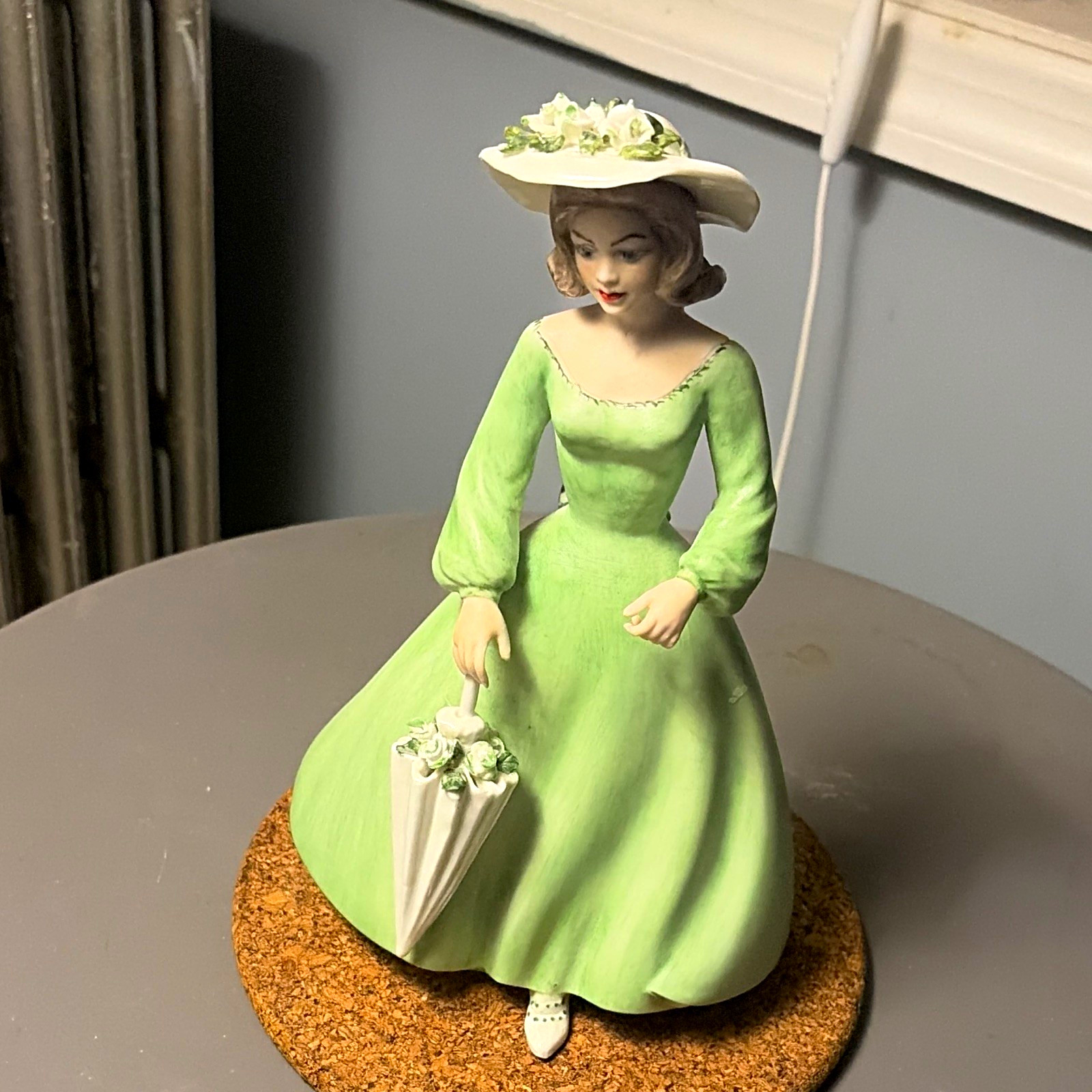 Porcelain Victorian Woman Figurine Green Dress White Hat Umbrella Painted