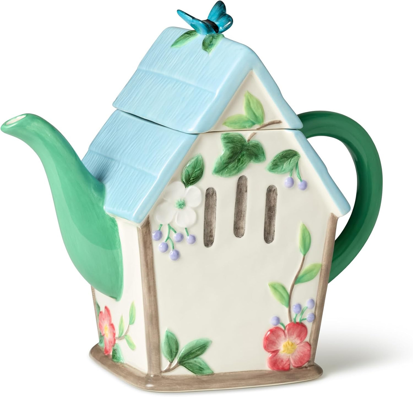 Teapot Ceramic Flora Birdhouse 32 Ounce Hand-Painted Pastel Floral Butterfly Teapot Ceramic Flora Birdhouse 32 Ounce Hand-Painted Pastel Floral Butterfly