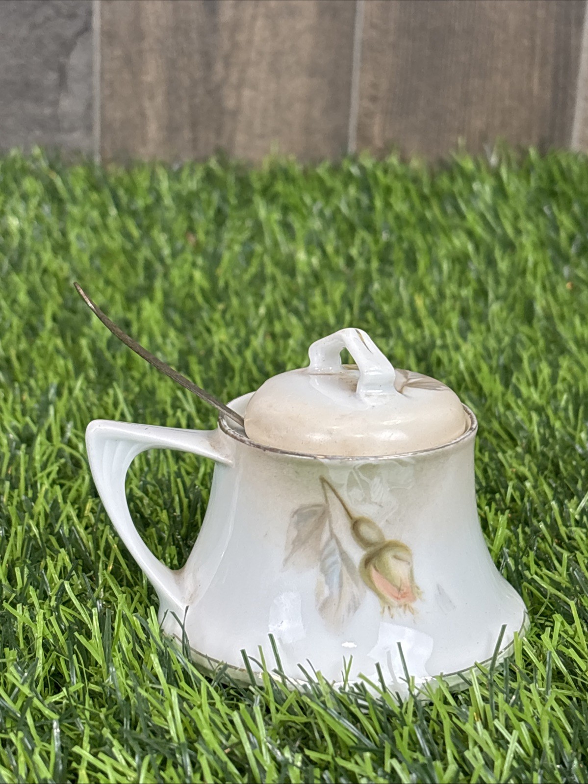 Vintage RS Germany Porcelain Sugar Bowl w Lid Spoon Floral Hand Painted