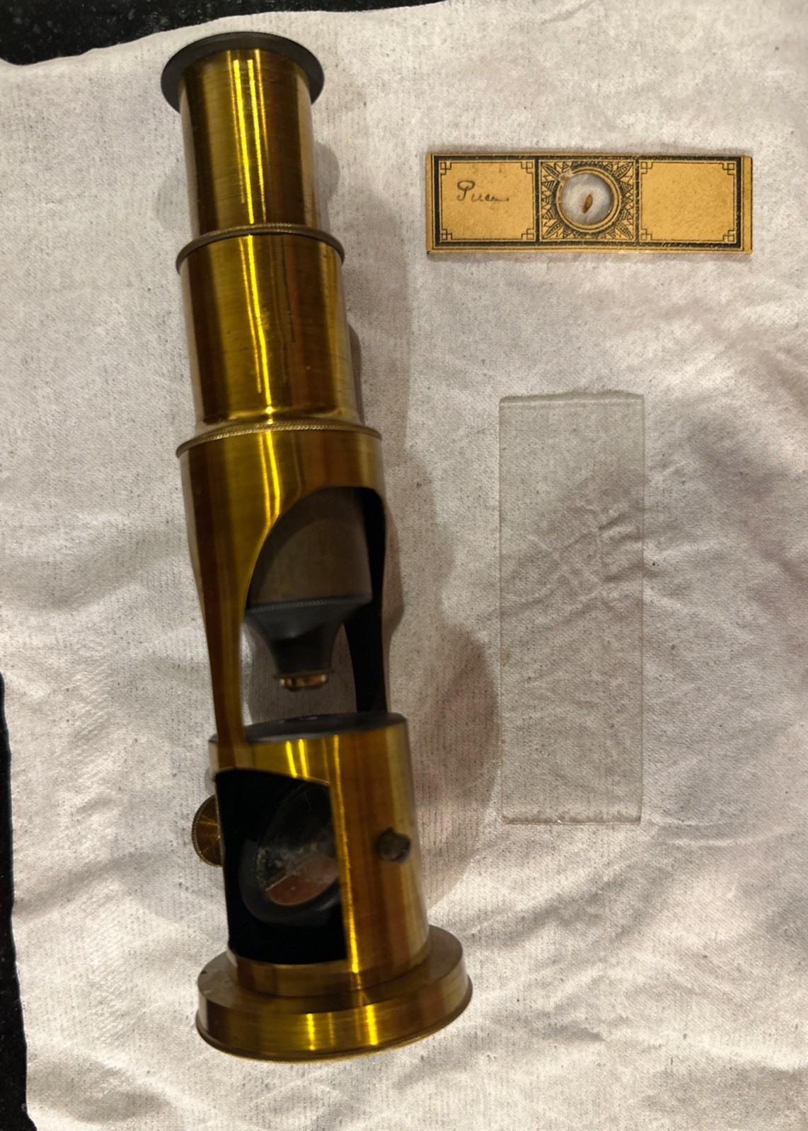 Antique c1900 English Brass Drum Microscope Case Flea Specimen Slides