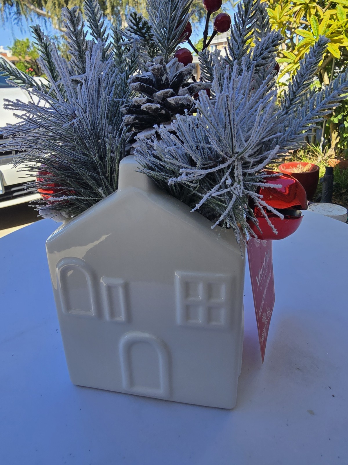 Martha Stewart Collection Florale Christmas Ceramic House Arrangement Faux Pine