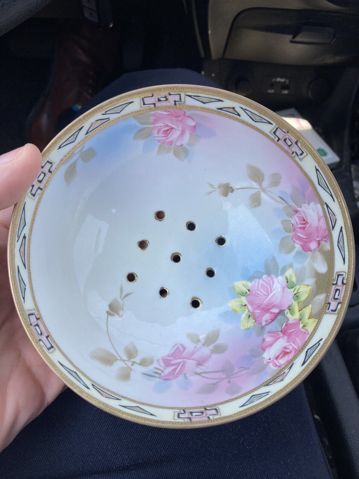 Vintage 6” 3 Footed Nippon Hand Painted Roses Floral Berry Bowl Dish Strainer